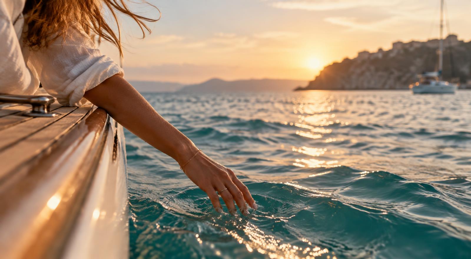 Une main effleure la mer au coucher du soleil — le fragment d’un souvenir orchestré par Anticype